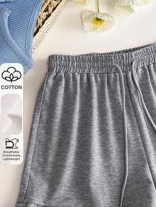 Resyla Pantalones cortos de mujer de verano, de unicolor, con volantes en el bajo y cordón en la cintura - Gris - Ver 7