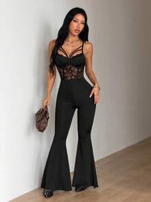 SHEIN ICON Bộ jumpsuit nữ gợi cảm phối ren xòe. - màu đen - Xem 3