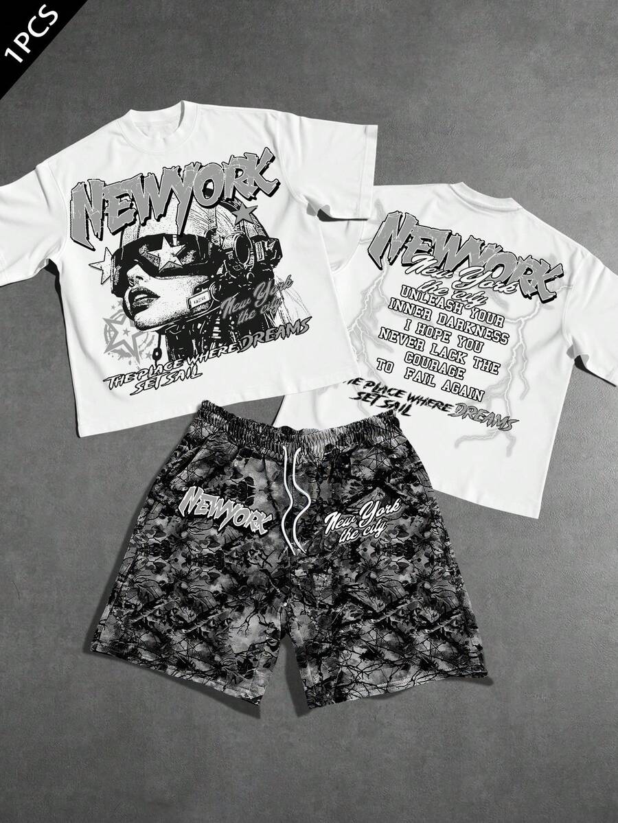 Manfinity EMRG Men's White & Blue Contrast 2 Pieces Set, Cyberpunk Character & Camouflage Print, Retro Y2K Style, Suitable For Summer Vacation/Music Festival - Multicolor - View 1