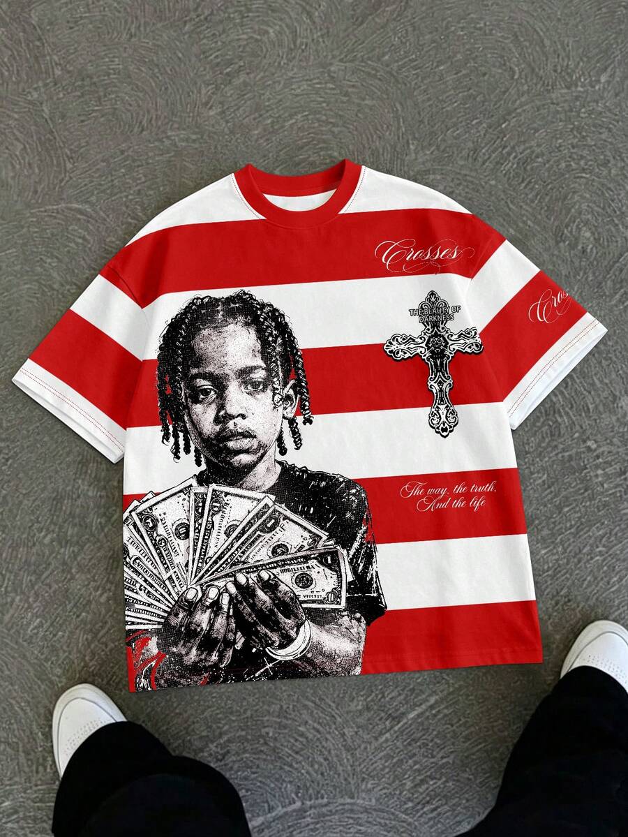 Manfinity EMRG 男款紅白條紋人像與金錢印花短袖T恤,復古街頭風夏季休閒上衣,適合城市度假、音樂節、派對、假期 - 彩色 - 查看 1