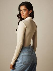 MISSGUIDED White Button Front Long Sleeve Fitted Collared Bodysuit With Shoulder Pad Detail Golf Summer Basic - Apricot - View 2