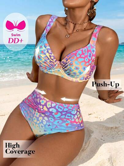 Swim DD+ DD+ 加大码宽肩带渐变色迷彩豹纹女式分体泳衣套装