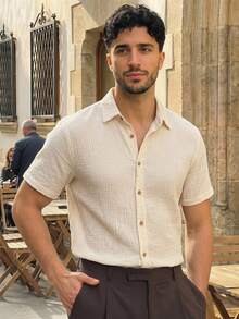 HIMLAND Men's Woven Casual Short Sleeve Shirt - Beige - View 1