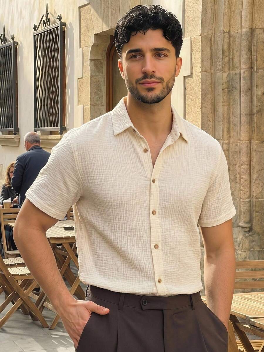 HIMLAND Men's Woven Casual Short Sleeve Shirt - Beige - View 1
