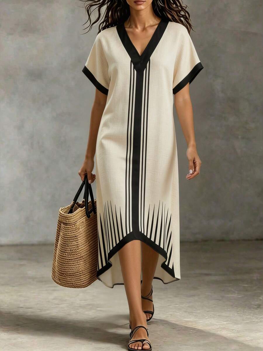 SHEIN Holidaya Đầm nữ mùa xuân/hè tối giản cổ chữ V kẻ sọc, thiết kế cổ chữ V + tay áo cánh dơi, kẻ sọc dọc đen trắng phía trước + họa tiết hình học tỏa tròn ở gấu đầm, gấu đầm đuôi cá bất đối xứng, chất liệu mềm mại, phù hợp cho công sở và các dịp thường ngày. Đặc điểm sản phẩm: Áo choàng in họa tiết hình học nữ, đầm cổ chữ V tay áo cánh dơi, đầm dáng suông bất đối xứng, đầm dài tối giản tương phản đen trắng, áo choàng công sở. - Màu be - Xem 1