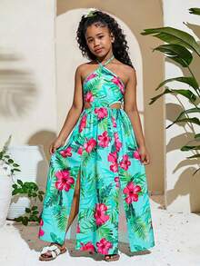 SHEIN Vestido maxi con escote halter y recorte en la cintura para adolescentes, diseño de tela suave (escote halter + recorte en la cintura + falda evasé, estampado floral tropical sobre base azul) adecuado para primavera/verano/otoño, elementos de estilo resort fresco + silueta única para uso diario, playa, ocasiones casuales, corte holgado fácil de combinar - Verde - Ver 6
