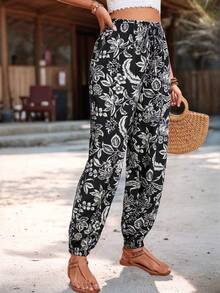 Breezaya Women's Tropical Plant Print Pocket Drawstring Waist Tapered Leg Pants, Spring/Summer - Black - View 5