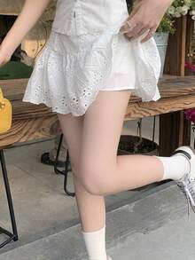 DAZY 刺绣提花面料褶皱迷你裙，性感少女夏季度假白色A字裙 - 白色 - 查看 5