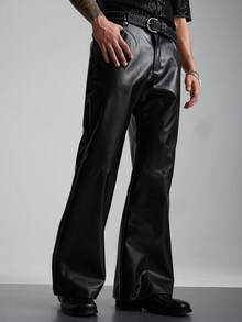 Zorclune Men's Loose Straight Casual Solid Color Leather Pants - Black - View 1