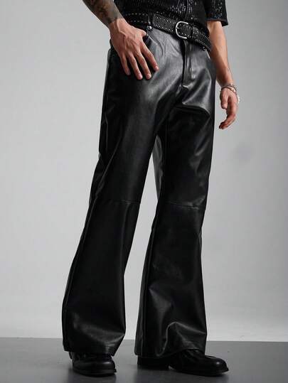 Zorclune Men's Loose Straight Casual Solid Color Leather Pants