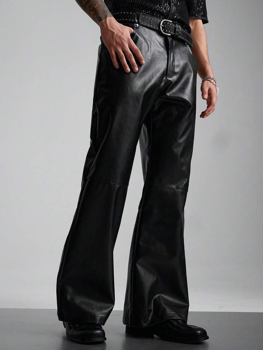 Zorclune Men's Loose Straight Casual Solid Color Leather Pants - Black - View 1