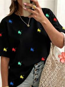 EMERY ROSE Camiseta de mujer de manga corta con cuello redondo, estampado casual de jinete de caballo multicolor, versátil para uso diario - Multicolor - Ver 3