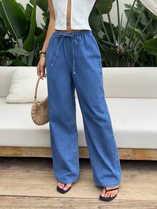 SHEIN Holidaya Quần jeans nữ dáng rộng, thoải mái, tối giản, đa năng, cạp chun, ống rộng, thích hợp mặc hàng ngày đi làm. - Màu xanh lam - Xem 5