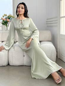 Veilorie Đầm dài tay ôm dáng thanh lịch, cổ buộc dây, màu trơn dành cho nữ. - màu xanh lá - Xem 5