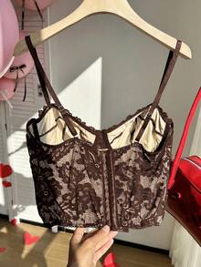 Comfortcana Plus Size Sexy Lace Sheer Camisole, Suitable For Party And Valentine's Day, Spring/Summer Lace Spaghetti Strap Top, Coffee Brown - Coffee Brown - View 2