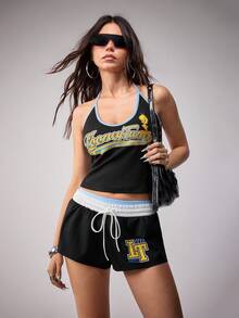 LOONEY TUNES X SHEIN Conjunto de 2 piezas de top halter y shorts con estampado de letras para mujer - Negro - Ver 5
