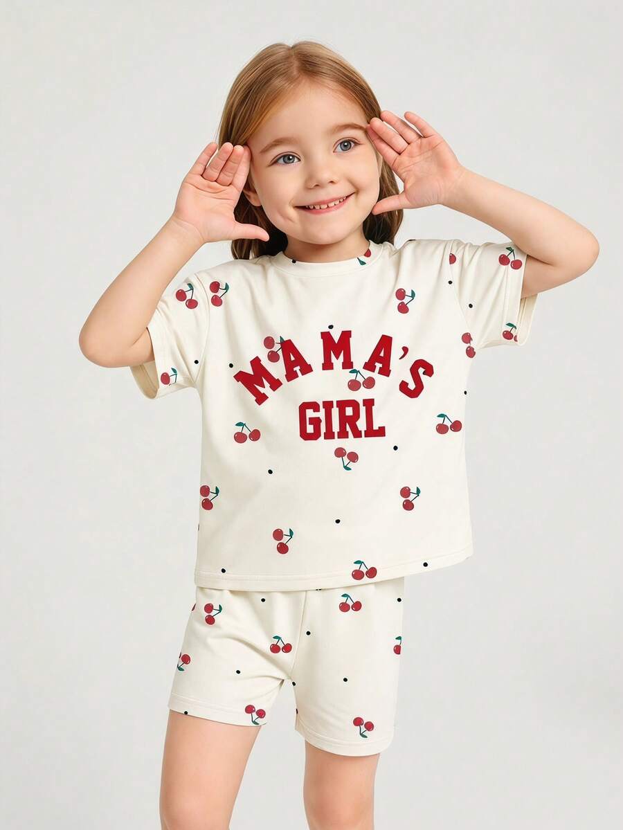 2pcs/Set Young Girl Mama's Mini Print Casual Minimalist Short Sleeve Shorts Set, Suitable For Summer - Multicolor - View 1