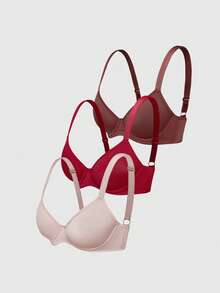 SHEIN 3pcs Comfortable Bras & Wireless Bras (Red + Beige + Reddish Brown) - Multicolor - View 7