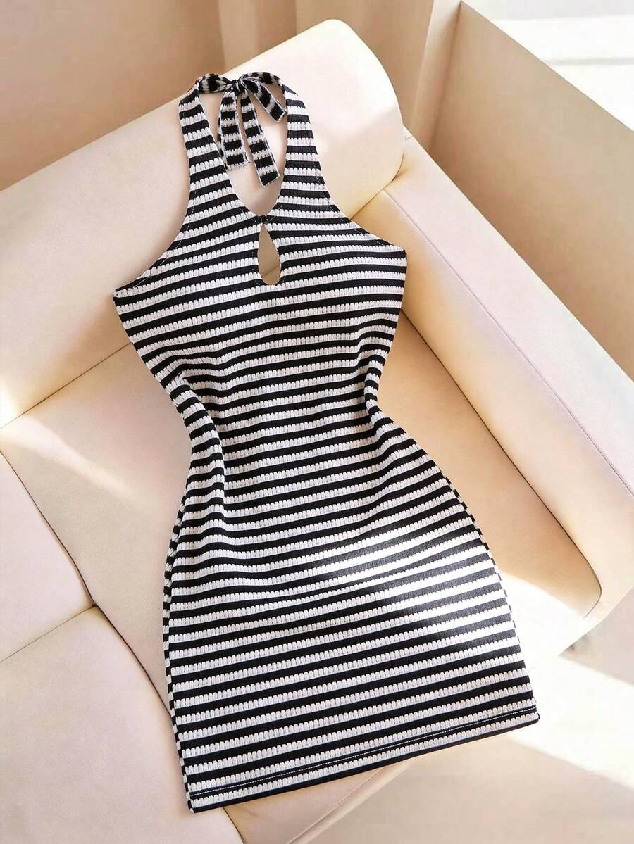 SHEIN LUNE Women's Summer Casual Sexy Black And White Striped Halter Neck Hollow Out Knit Bodycon Mini Dress Goin Out Beach - Black and White - View 1