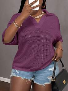 Slaydiva Loose Fit Solid White V-Neck Drop Shoulder Casual Vacation Hollow-Out Knit Plus Size T-Shirt Top For Women, Spring/Summer - Purple - View 1