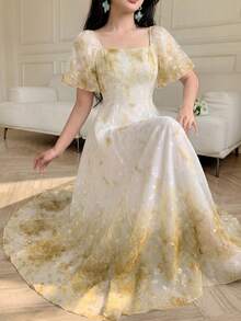 Modelyn Đầm xòe in họa tiết cổ vuông tay ngắn nhấn eo thanh lịch thời trang xuân hè - Màu vàng - Xem 6
