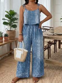 SHEIN Frenchy Mono de tela tejida con estampado de falso denim de talla grande, informal, sin mangas, con tirantes de espagueti, de largo completo, con detalle anudado, adecuado para verano, vacaciones y uso diario - Azul - Ver 3