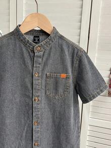 SHEIN 男童休闲水洗牛仔短袖上衣，夏季 - 黑色 - 查看 5