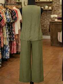 EMERY ROSE Conjunto de 2 piezas de top de tirantes y pantalones de unicolor informal de talla grande - Verde Oliva - Ver 2
