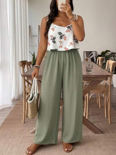 SHEIN Frenchy Große Größen Jumpsuit mit Blume Muster Patchwork, ärmellos, lässiger Urlaubsstil