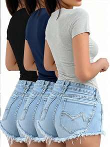 INAWLY Bộ 3 áo thun nữ cơ bản màu trơn - Nhiều màu - Xem 2