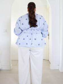 Pretty and Ole Plus Size Striped Collared Ruched Elegant Shirt, Striped Bow Print, Blue Striped Shirt, Ruched Waist, Back Ruched - Blue - View 2