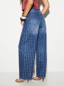 KIZN Women's High Rise Wide Leg Studded Denim Jeans With Metal Eyelets And Palazzo Style Full Length Straight Leg Casual Bottoms - Dark Wash - View 3