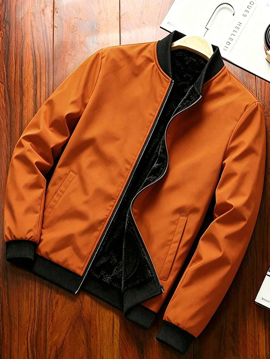 Manfinity Homme Jaket Pria Kasual Sehari-hari dengan Lapisan Termal dan Resleting - Jeruk - View 1