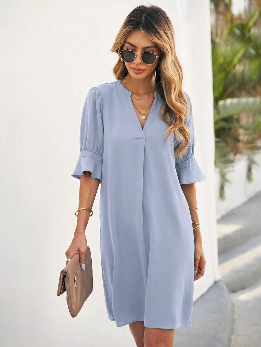 EMERY ROSE Women's Casual Vacation & Commute Solid Color Notch Neck Ruffle Sleeve Loose Dress, Summer - Baby Blue - View 1