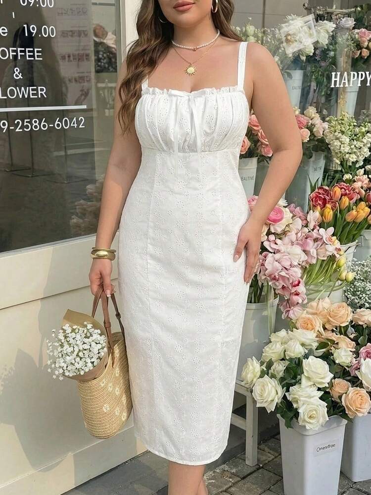 SHEIN MOD Plus Size Women's White Floral Embroidered Fitted Mid-Length  Dress, Corset Dress, Elegant Dress,Summer Dress, Dress,Tea Party  Dress,Wedding Guest Dress For Women ,Graduation Season , ...