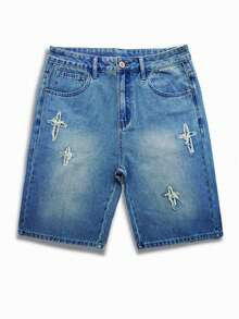 Manfinity Hypemode Pantalones cortos de mezclilla con parches para hombre - Azul lavado medio - Ver 1