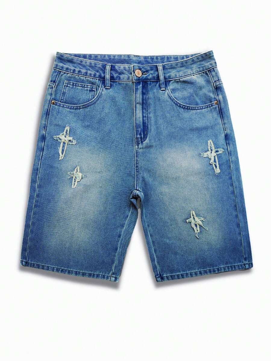 Manfinity Hypemode Pantalones cortos de mezclilla con parches para hombre - Azul lavado medio - Ver 1