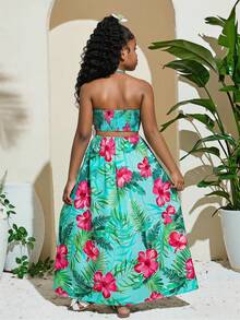 SHEIN Vestido maxi con escote halter y recorte en la cintura para adolescentes, diseño de tela suave (escote halter + recorte en la cintura + falda evasé, estampado floral tropical sobre base azul) adecuado para primavera/verano/otoño, elementos de estilo resort fresco + silueta única para uso diario, playa, ocasiones casuales, corte holgado fácil de combinar - Verde - Ver 2