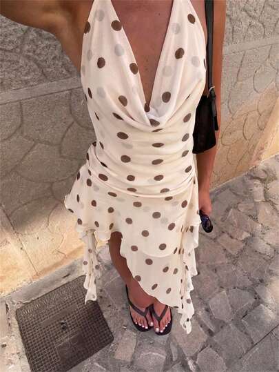 Aloruh Vestido mini de playa elegante para vacaciones con cuello en V profundo, tirantes con lazo y estampado de lunares