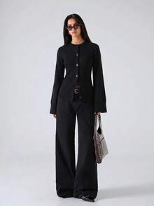 LYSMO 2026 Nouveau cardigan femme minimaliste d'hiver, décontracté, quotidien, tenue de travail, simple, noir unicolore, patchwork, poche, bouton. Chemise femme distinctive et à la mode pour l'automne/hiver, Noël, Nouvel An, Thanksgiving, remise des diplômes. Série de pulls de Noël à la mode - Noir - Voir 3