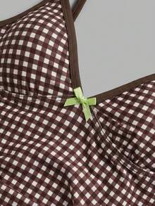 Sweetra CURVE 2026 Nuevo Conjunto de 2 Piezas Talla Grande para Mujer Estampado Geométrico Aleatorio Vacaciones Casual Minimalista Adelgazante Modesto Lazo Tirante Grueso Ajustable Cintura Alta Playa - Marrón - Ver 5