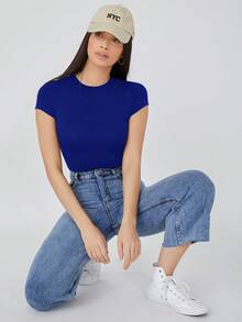 SHEIN BASICS Solid Slim Tee Bodysuit Summer Outfit For Women - Royal Blue - View 4