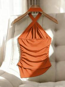Top corto sin mangas decorado con metal negro, top de punto ajustado de verano informal con bajo asimétrico RR0K - Azul - Ver 7