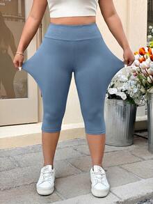 Muchica Plus Size Blue Tight 3/4 Length Leggings, Vacation Style, Spring/Summer - Blue - View 1