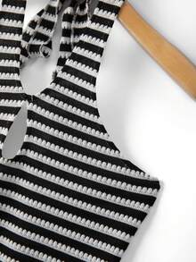 SHEIN LUNE Women's Summer Casual Sexy Black And White Striped Halter Neck Hollow Out Knit Bodycon Mini Dress Goin Out Beach - Black and White - View 3