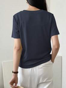 Dazy-Less Solid Color Rib Knit V-Neck Short Sleeve T-Shirt Old Money Style Summer Business Casual Woman Work Clothes - Navy Blue - View 3