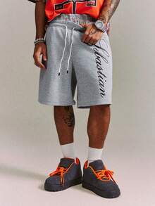 CRAVYNX Men's Dual Waistband Shorts, Versatile Casual Pants With Letter Print, Linen Gray - Grey - View 5