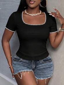 Slaydiva 97% Cotton Ribbed Casual Basic Summer Round Neck Short Sleeve Slim Fit Side Ruched Ribbed Stretchy T-Shirt,Summer Top - Black - View 5