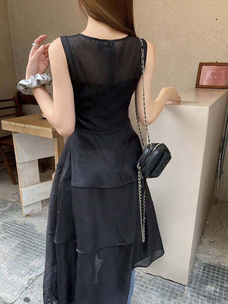 Women's Solid Color Layered Mid-Length Dress, Korean Style