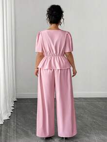 Elenzga Plus Size Women's Elegant Blush Pink Two Pieces Set,Chinese Style Bow Decor Puff Sleeve Top & Pants,Formal Summer Tea Party Outfit For Wedding Prom - Pink - View 5